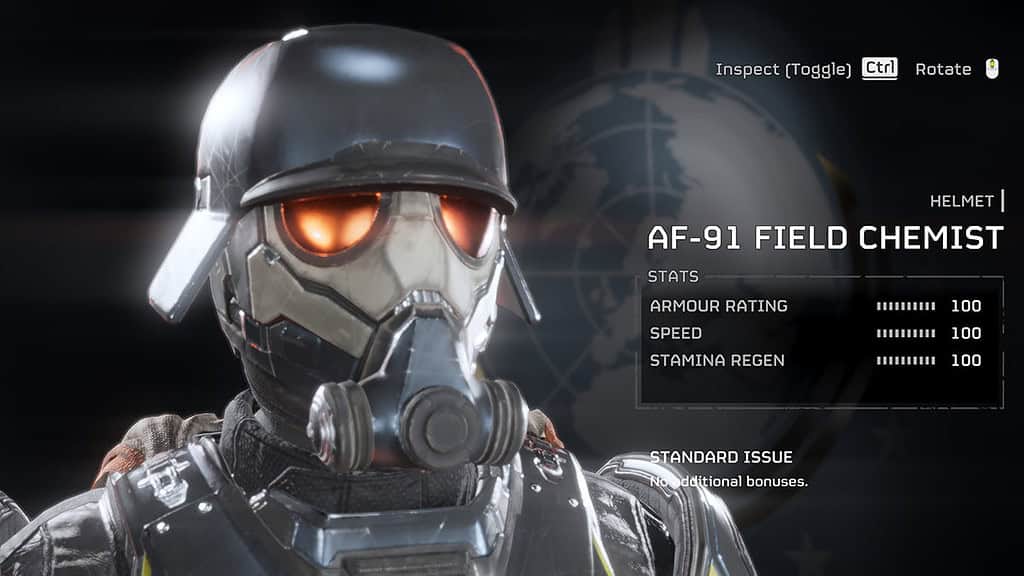 Image of the AF-91 Field Chemist premium helmet in Helldivers 2.