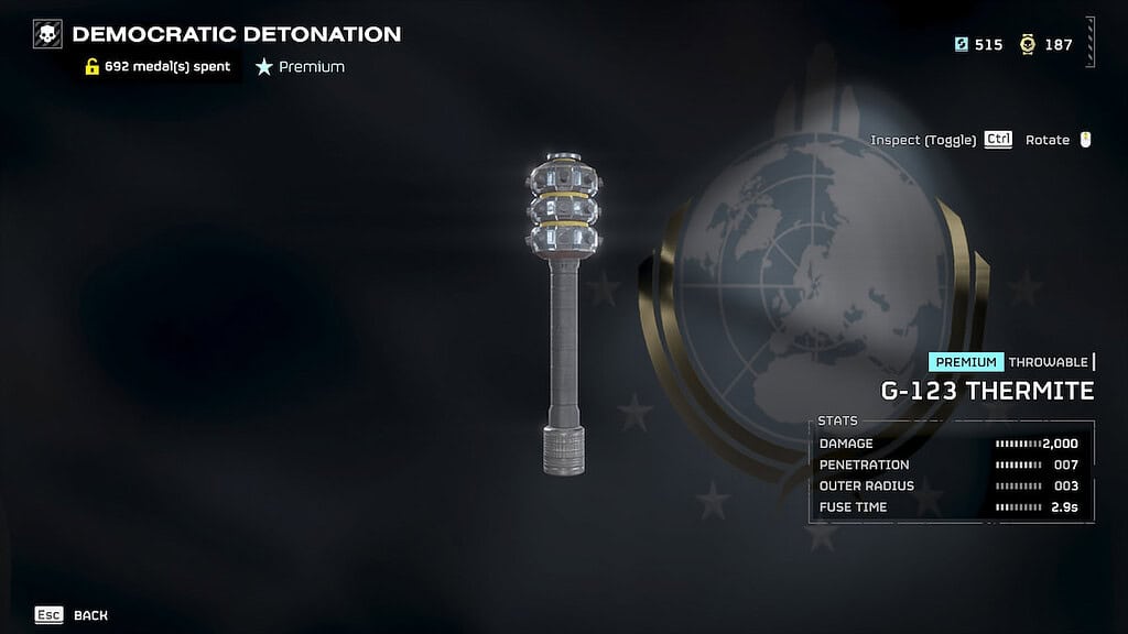 Image of a stat screen for the Thermite Grenade in Helldivers 2.