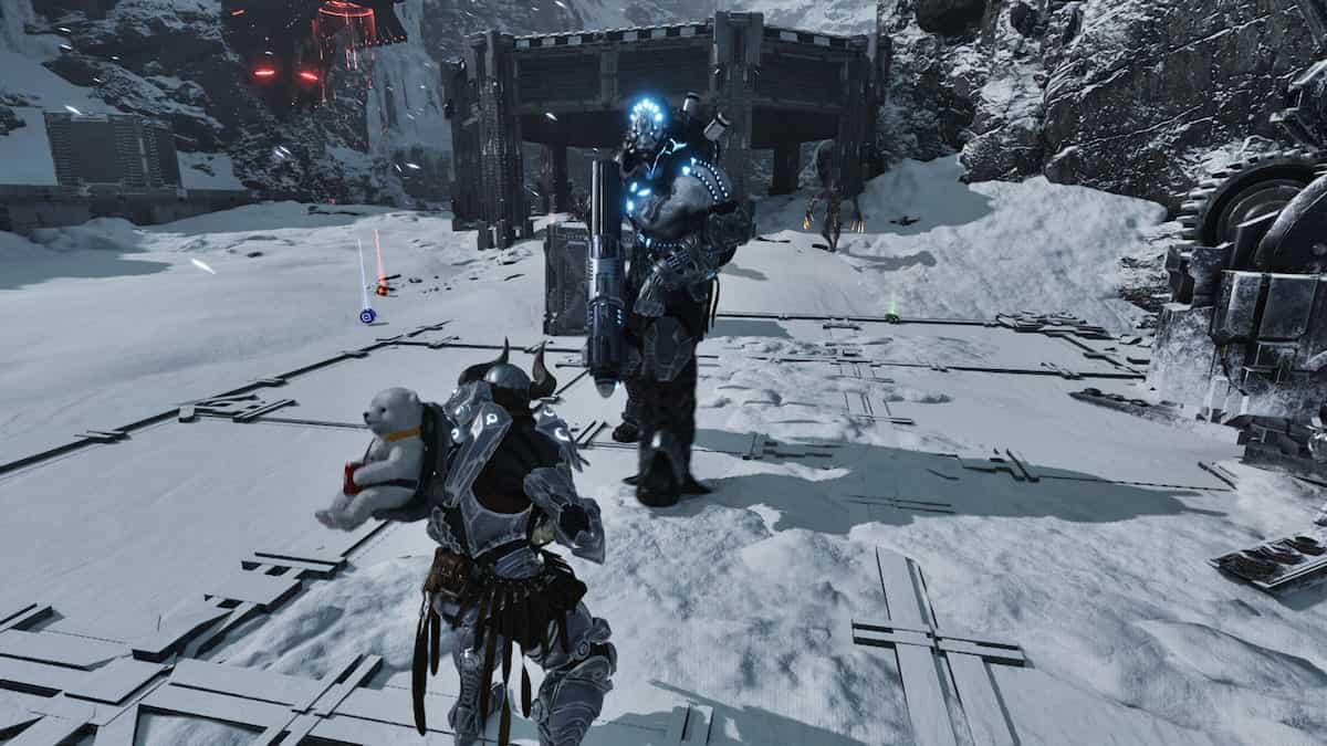 The First Descendant Ajax fighting a boss in a snowy battlefield