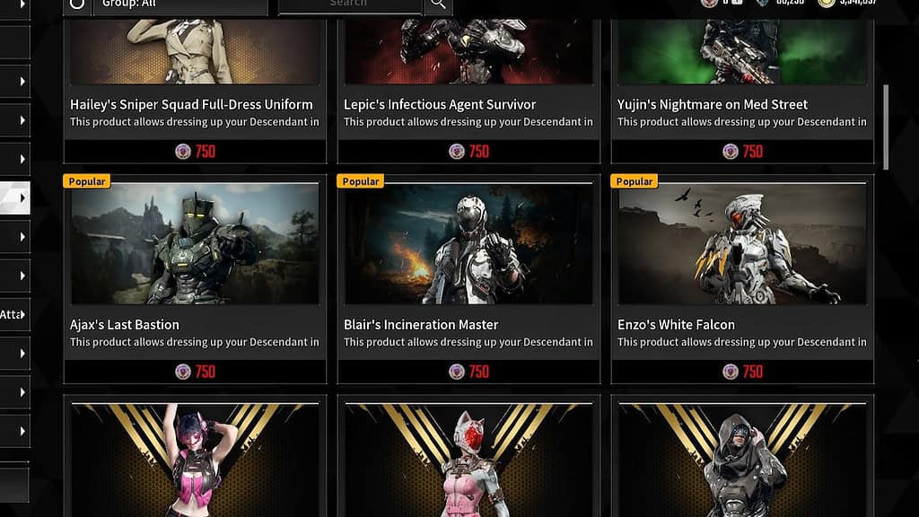 The First Descendant store page with premium skins