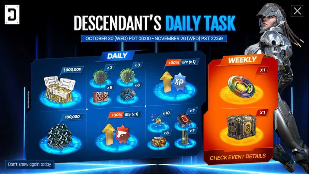 The First Descendant rewards for the daily task event with Sharen in the background