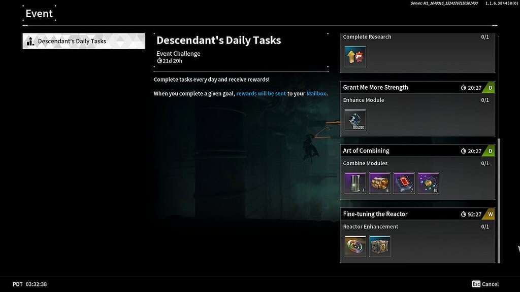 The First Descendant in-game image of the new daily tasks event menu and rewards