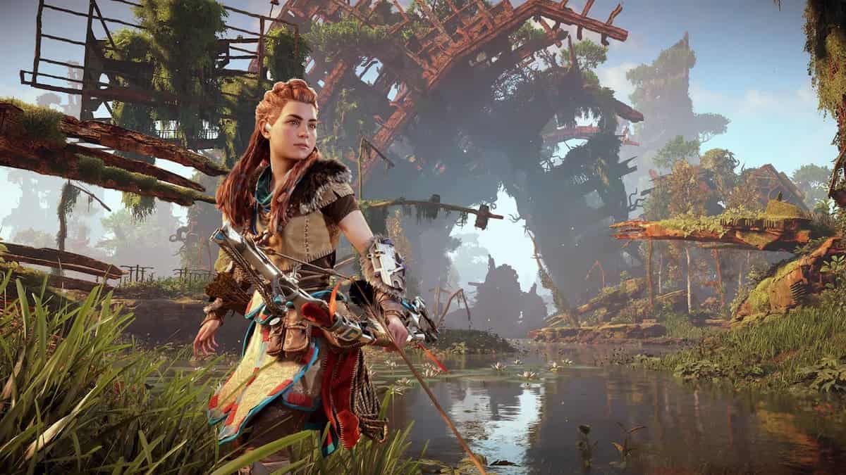 PlayStation Horizon Zero Dawn Remaster Alloy standing in water holding a bow