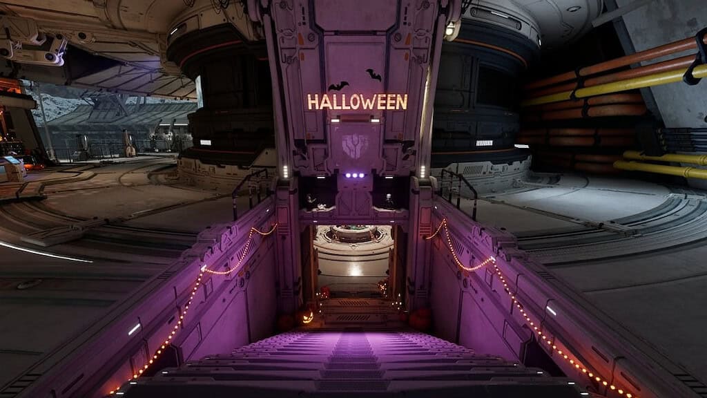 The First Descendant Halloween event stairs to hq with purple lights