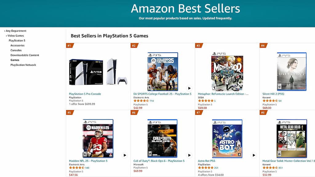 PlayStation screenshot of amazon's best-sellers page