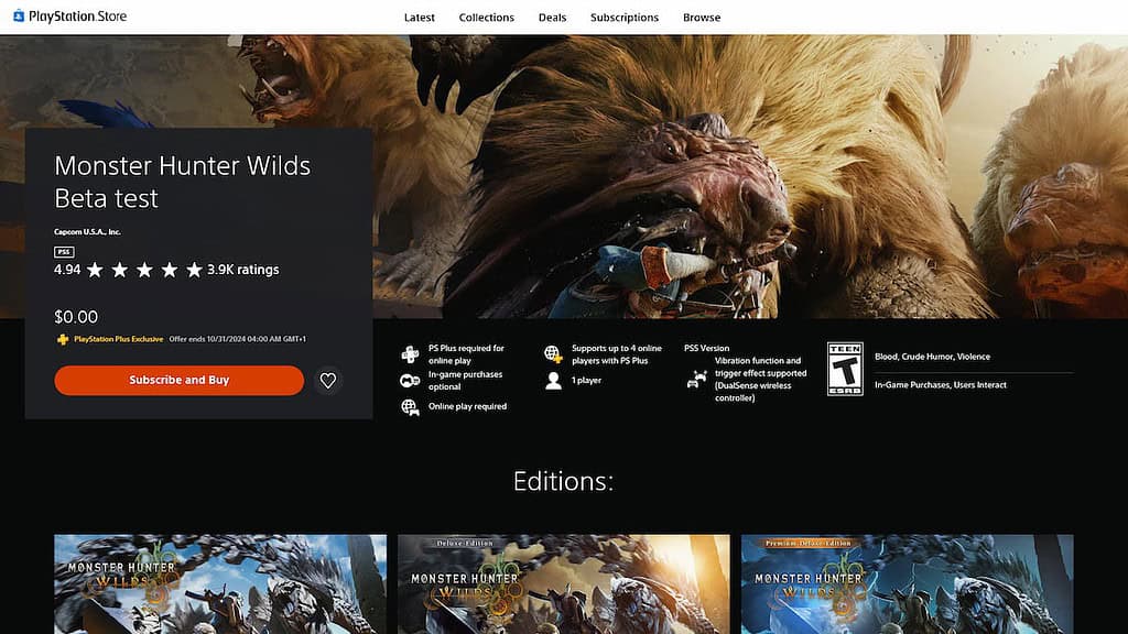 PlayStation Monser Hunter Wilds open beta ps store