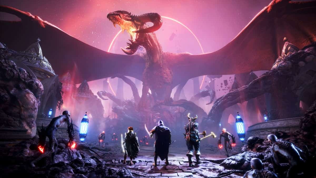 Dragon Age The Veilguard three characters standing in front of a dragon