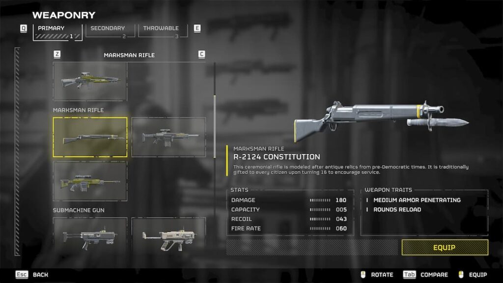 R-2124 Constitution rifle stats in Helldivers 2