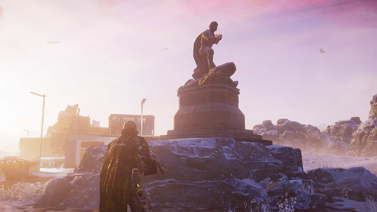 Image of a player looking at a memorial statue in Helldivers 2.