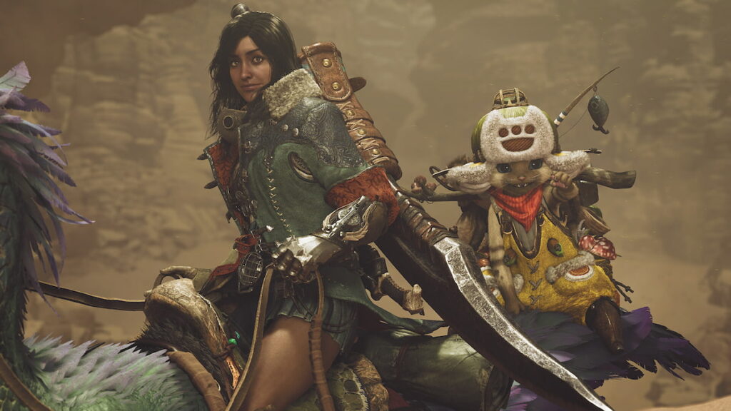 Monster Hunter Wilds image of a hunter riding a Seikret, with a pet next to her