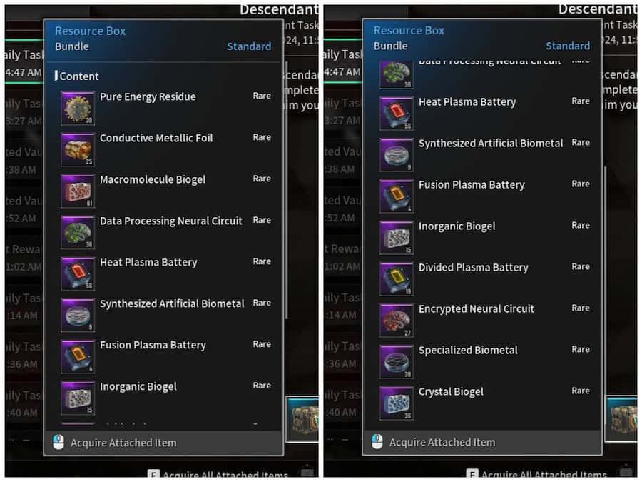 The First Descendant resource box contents showing 12 different resources