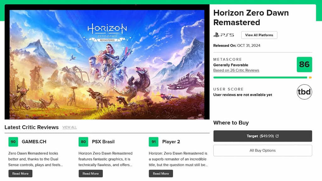 PlayStation Horizon Zero Dawn Remaster screenshot of the game's page on Metacritic showing the review score