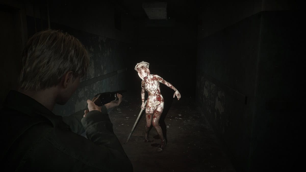 Playstation Silent Hill 2 remake protagonist aiming a shotgun at the nurse