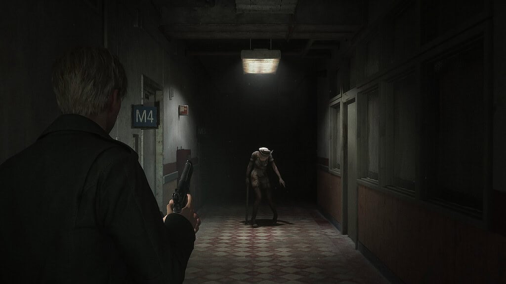 Playstation Silent Hill 2 remake dark hallway with a nurse