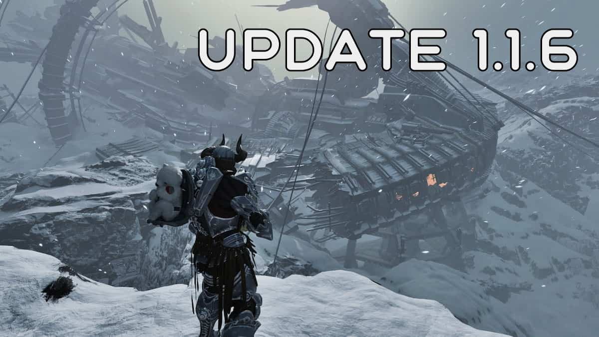 The First Descendant Ajax overlooking a snowy base with update 1.1.6 txt