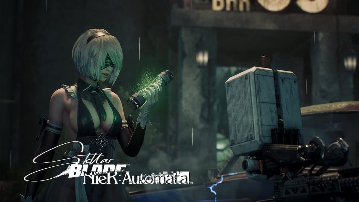 PlayStation Stellar Blade Nier Automata collab Eve in a 2B costume holding a glowing cylinder