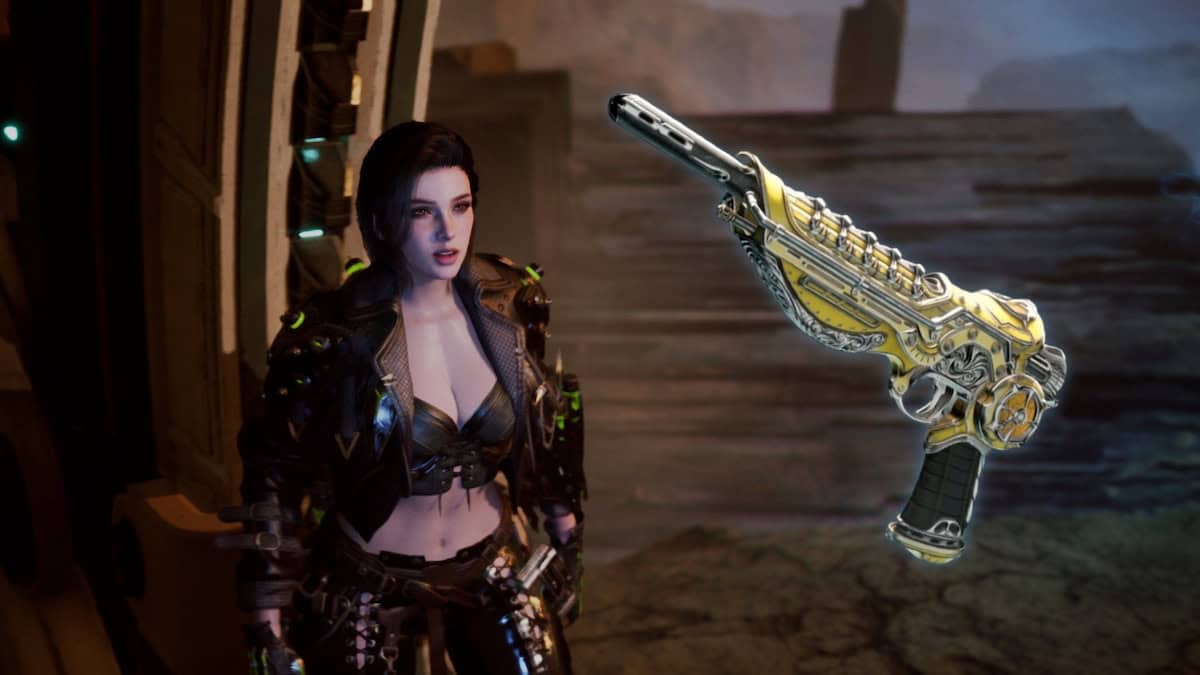 The First Descendant Freyna looking at a glowing Unique Weapon The Final Masterpiece