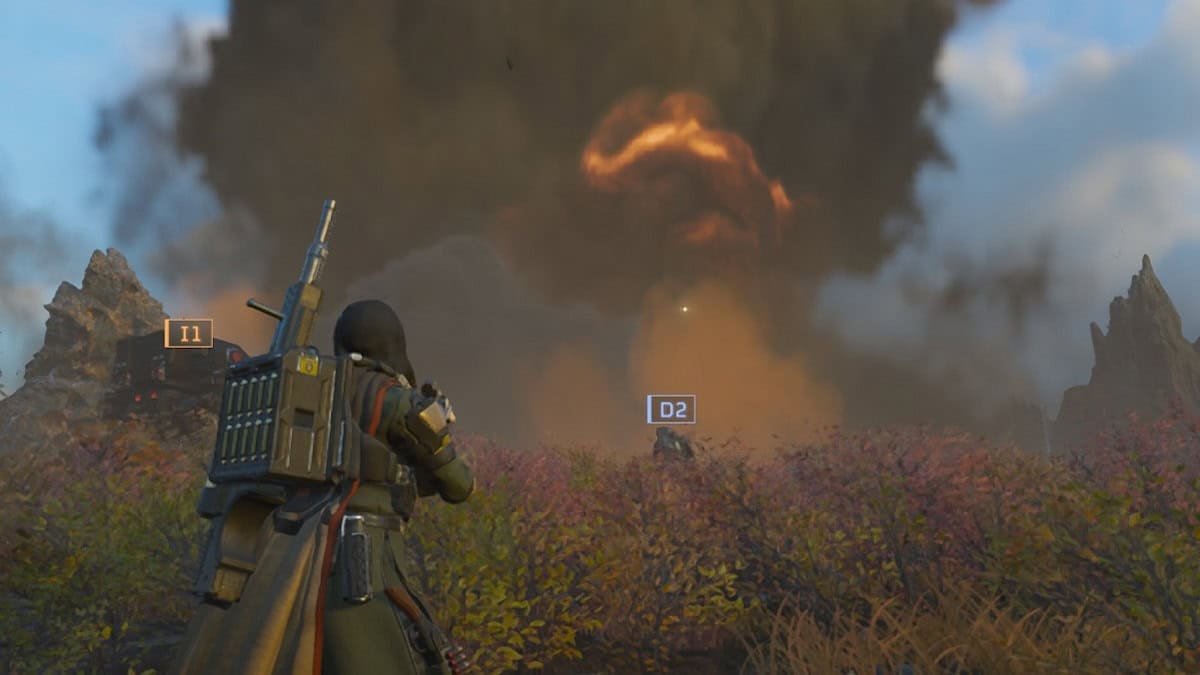 Helldivers 2 player looking at an explosion.