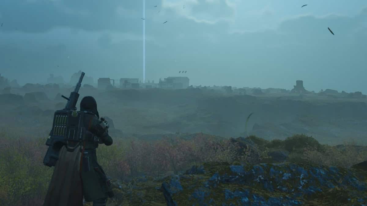 A Helldivers 2 player looking at a blue beam.