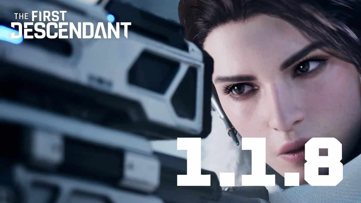 The First Descendant close up of female character Hailey, with game's logo and 1.1.8