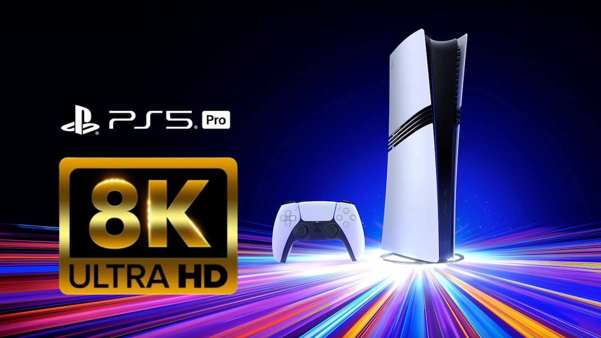 PlayStation 5 Pro console on lights of different colors with ps5 pro logo and 8k logo on the side