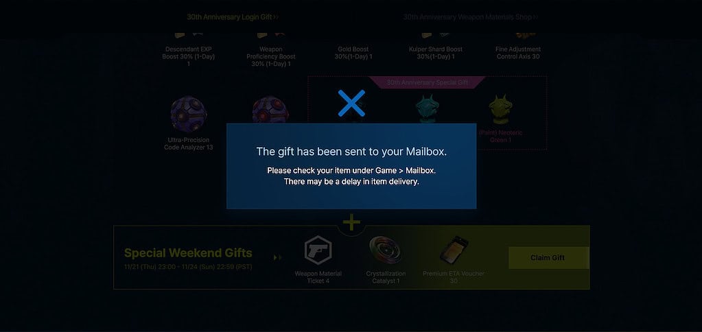 The First Descendant Nexon 30th Anniversary Event claim rewards screen