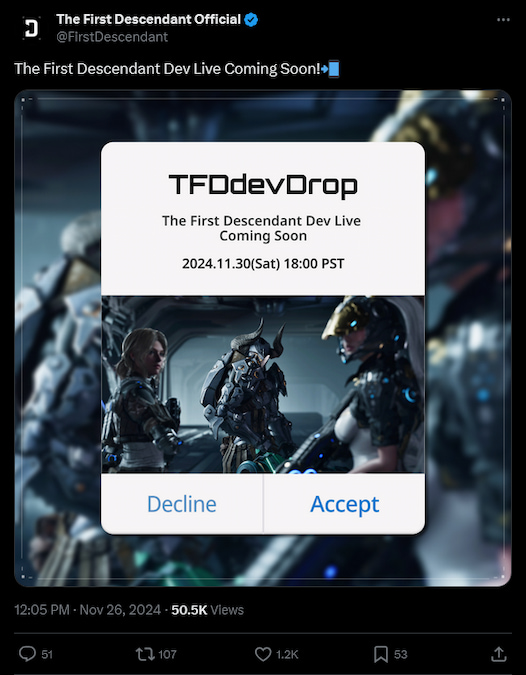 The First Descendant screenshot of a live broadcast announcement showing the exact time and date