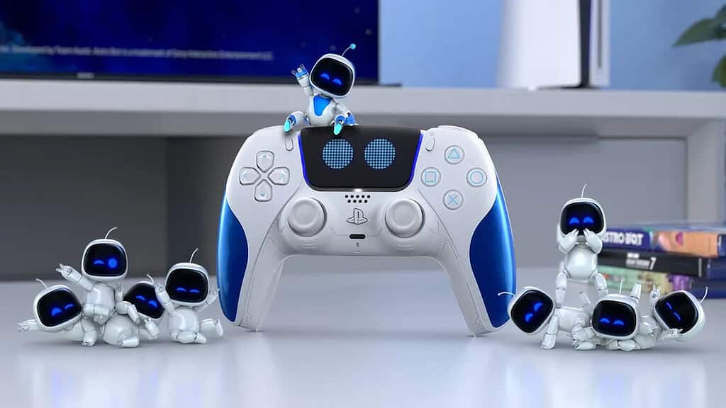 Playstation image of an Astro Bot themed DualSense Controller with small Astro Bots posing around it