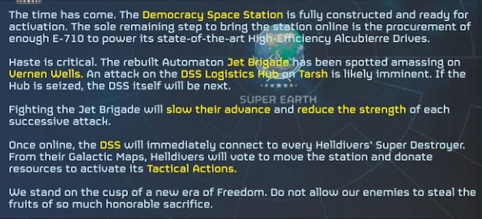 A briefing for the last Major Order before the completion of the DSS in Helldivers 2.