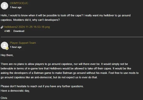 Helldivers 2 devs' response to a question about capes