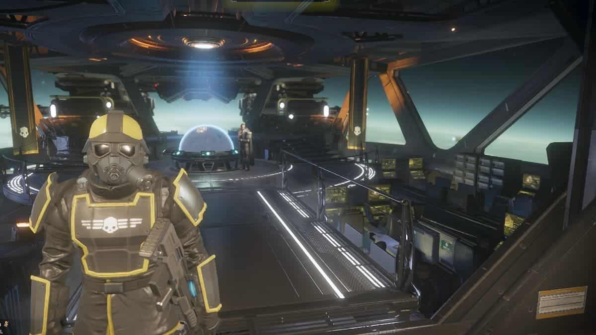 A Helldivers 2 player in the ship, with views of the space and the globe in the background