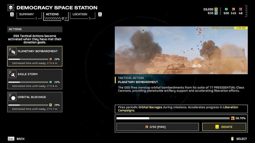 The DSS Actions menu in Helldivers 2.