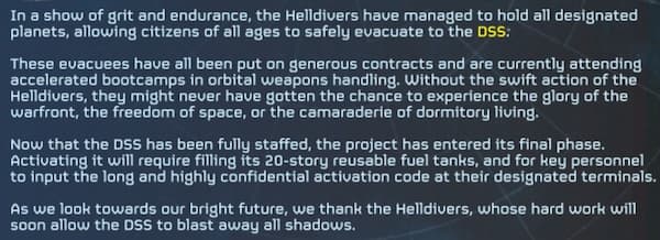 The progress of the DSS storyline following a Major Order victory in Helldivers 2.