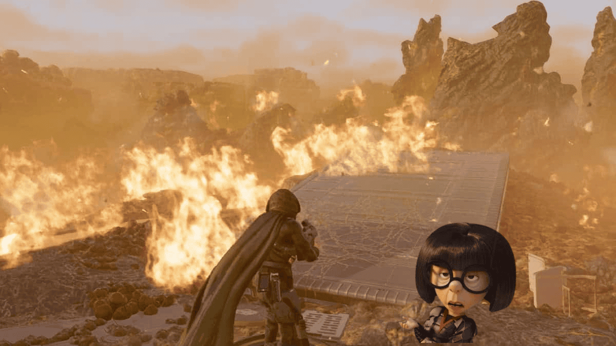 Edna Mode grossed out by the cape in Helldivers 2