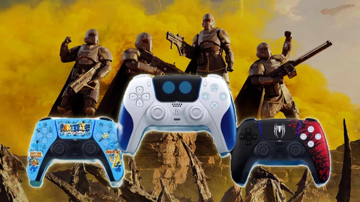 Playstation image of three themed DulaSense Controllers in front of a Helldivers 2 promo image