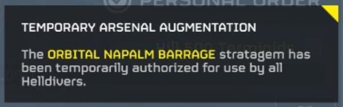 Helldivers 2 players get Temporary Arsenal Augmentation for the Major Order.