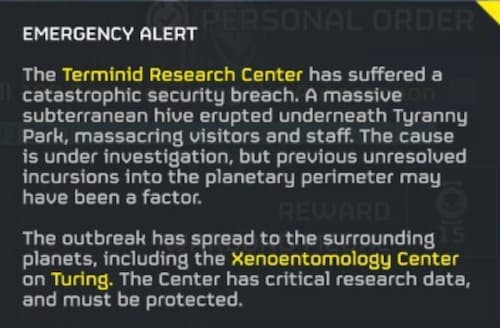 Emergency Alert: There was a breach and Terminids escaped the Tyranny Park in Helldivers 2.