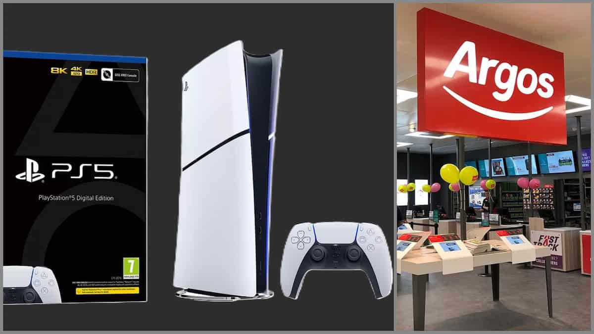 PlayStation 5 slim console next to a Argos supermarket image