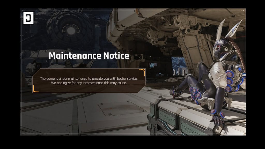 The First Descendant bunny next to a maintenance notice message