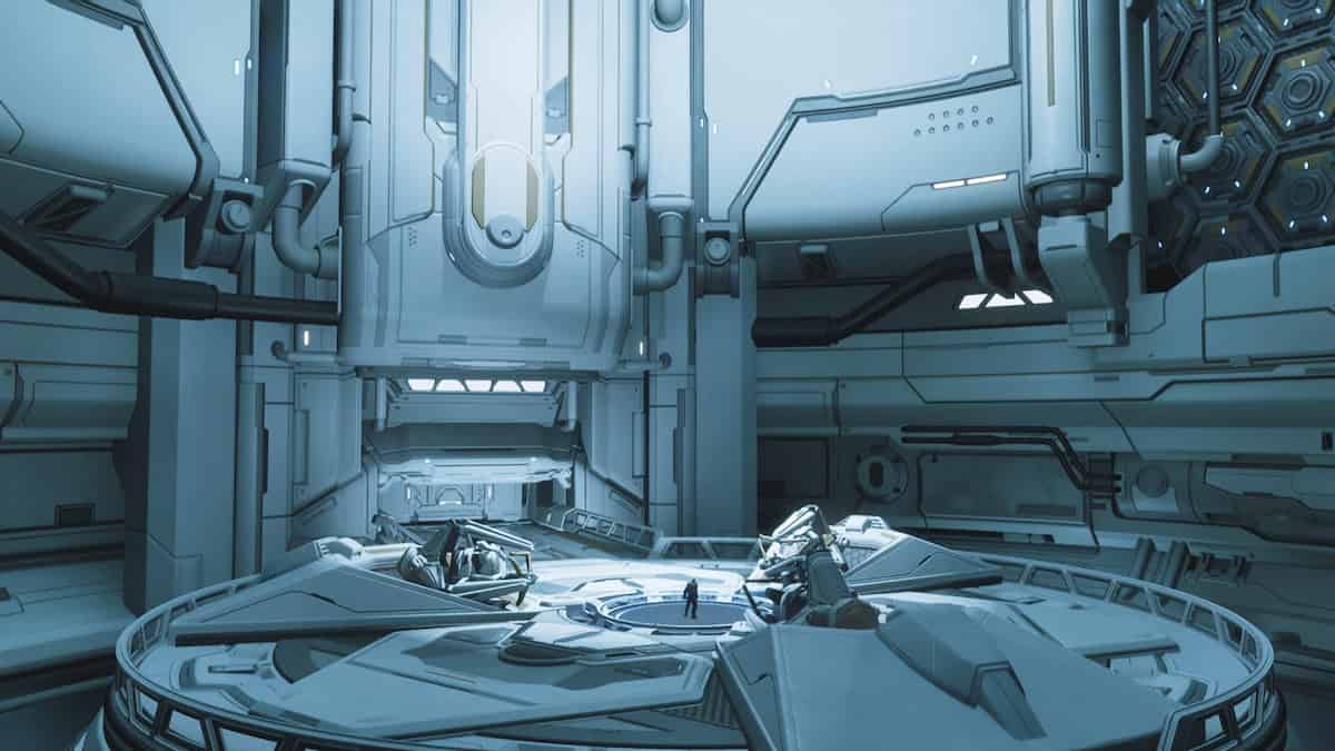 The First Descendant image of Keelan in a large white room on the Void Vessel