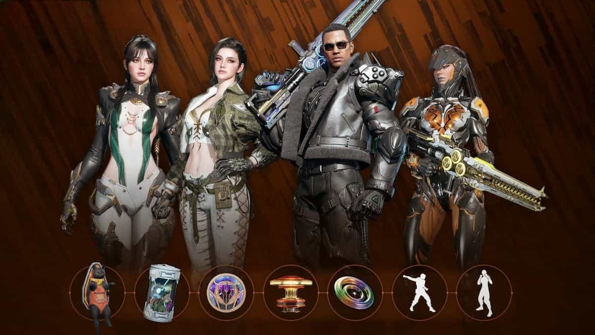 The First Descendant Freyna, Keelan, and Sharen standing together with some items from the Season 2 Battle Pass