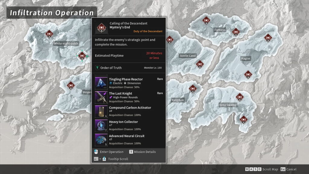 The First Descendant map of White-night Gulch showing Mystery's End missions and rewards, needed for Ultimate Sharen grind