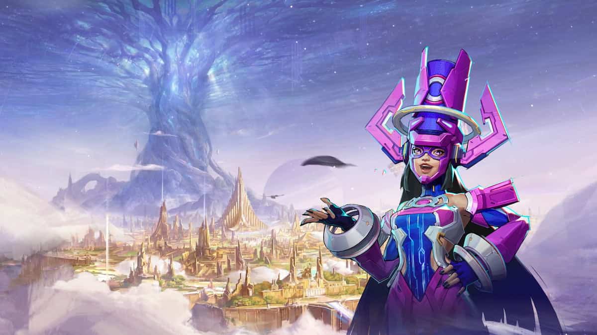 Marvel Rivals Announcer Galacta in front of Yggdrasil and Asgard