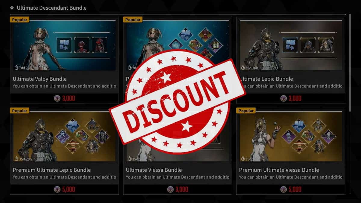 The First Descendant previous bundles in the shop with a huge discounts sign