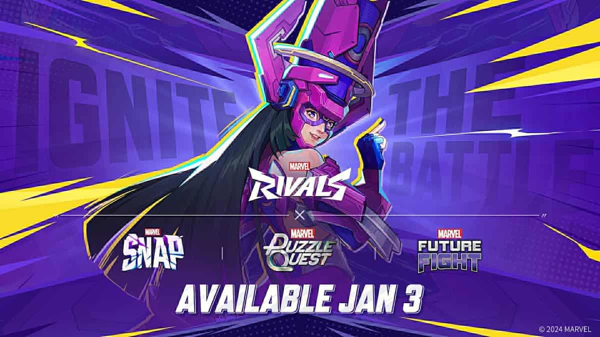 Marvel Rivals Galacta with logos for Marvel Rivals, Marvel Snap, Marvel Puzzle Quest, and Marvel Future Fight