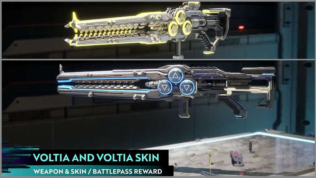 The First Descendant two images of Volita Ultimate Weapon, one blue and other gold