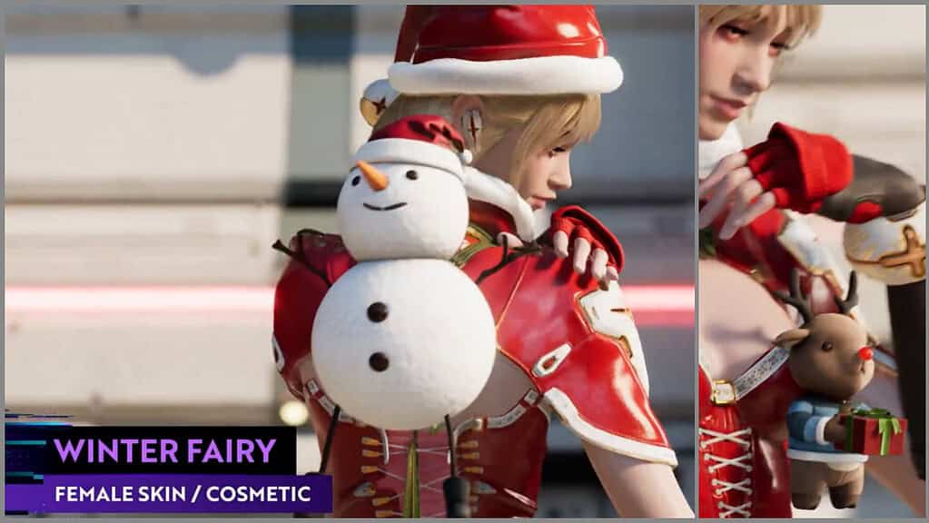 The First Descendant Bunny in the new Winter Fairy skin with snowman back attachment sand reindeer chest attachment