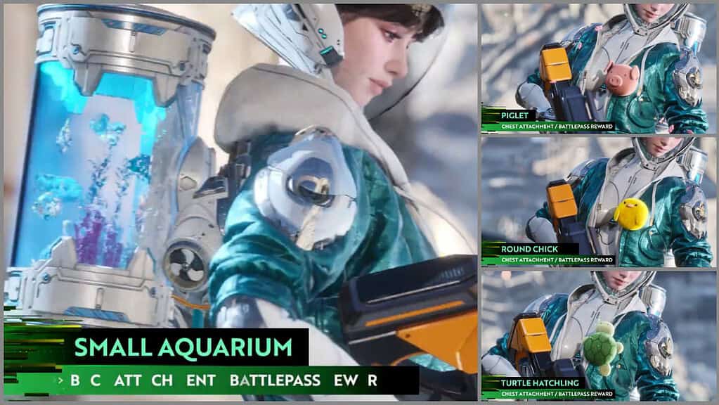 The First Descendant Valby with various new Season 2 cosmetics: aquarium backpack, pig, turtle and chick chest attachement