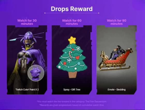 The First Descendant three rewards for the Season 2 twitch drops event, showinf paints, a spray and an emote