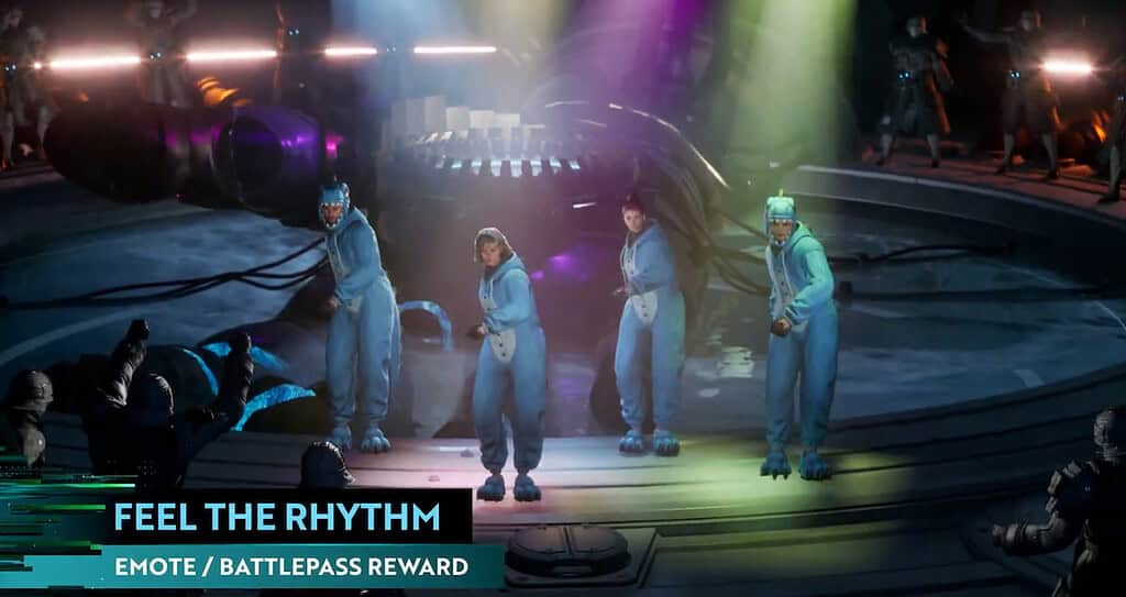 The First Descendant four characters in dino suits using the new rythm emote